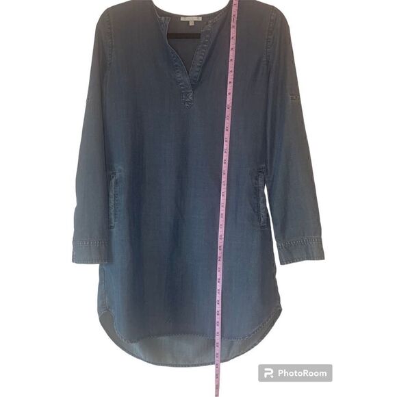 Laju Women's Blue Dark Wash Chambray V-Neck Long-Sleeve Shift Dress Size XS - Picture 4 of 6